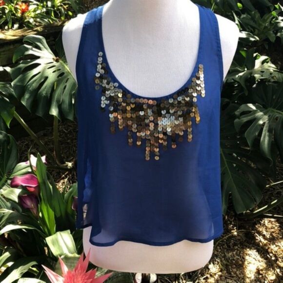 Material Girl Sheer Royal Blue Sequin Flowy Crop Top - Picture 4 of 8